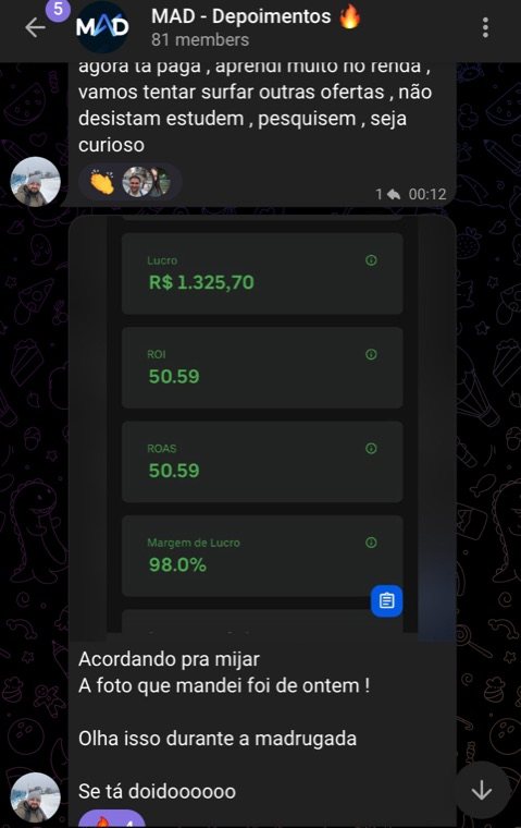 Print de depoimento real: aluno relata lucro de R$ 1.325,70 e ROI de 50,59 aplicando a estrutura da Destravar Digital