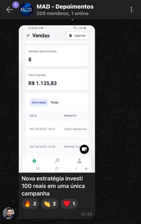 Print de depoimento real: painel de vendas mostrando R$ 1.135,83 em valor líquido após nova estratégia de campanha