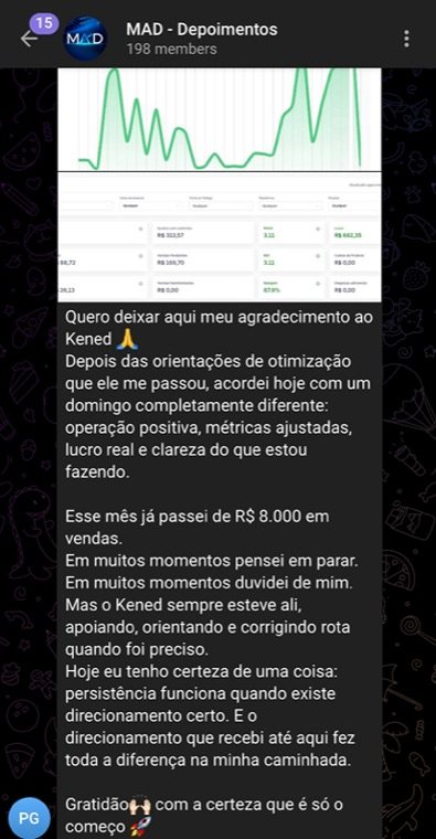Print de depoimento real: aluno relata mais de R$ 8.000 em vendas no mês após orientação da mentoria