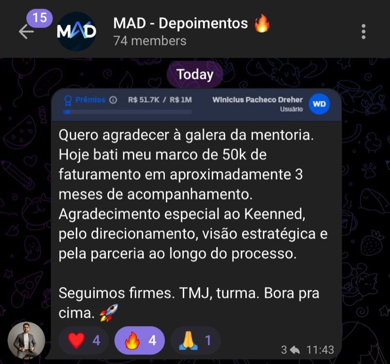 Print de depoimento real: aluno agradece à mentoria após bater a marca de R$ 50 mil em faturamento em cerca de 3 meses de acompanhamento