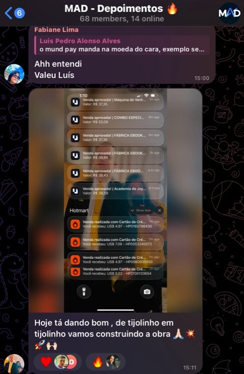 Print de depoimento real: aluno compartilha sequência de vendas aprovadas no celular, comemorando os resultados do dia